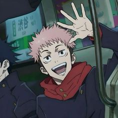 an anime character with pink hair waving to someone in the back of a car while holding his hand up