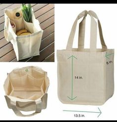 two pictures showing the size and measurements of a tote bag