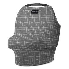 the back side of a car seat cover that is made out of grey fabric with white squares