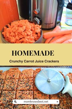 homemade crunchy carrot juice crackers in front of an orange juicer and crock pot