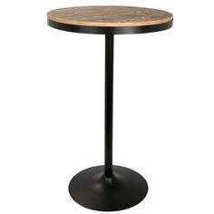 a round table with a wooden top and black metal base on an isolated white background