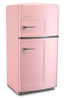 a pink refrigerator freezer sitting on top of a white counter