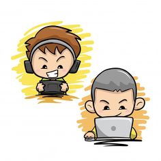 two people with headphones on, one using a laptop and the other looking at something