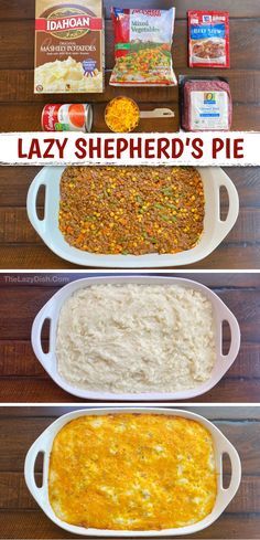 three pictures showing how to make lazy shepherd's pie