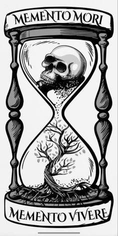 a black and white drawing of an hourglass with a skull inside