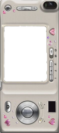 an image of a white camera with pink hearts on it's side and a blank screen in the middle