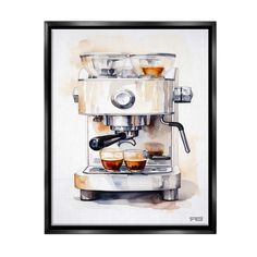 a watercolor painting of a coffee machine with three cups on the front and two espresso machines behind it