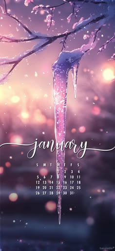 the january calendar with an ice - covered tree branch in front of purple and pink lights