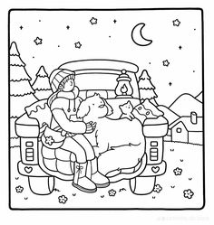 a black and white drawing of a man sitting in the back of a truck with his dog