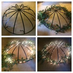 four different angles of a circular light fixture with vines and lights on the top, bottom, and bottom