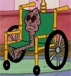 a cartoon character sitting in a wheelchair with a skeleton on it's back legs