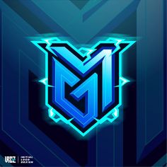 the letter m is made up of blue and black shapes with neon lights around it