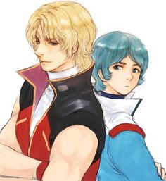 two anime characters, one with blonde hair and the other wearing blue is holding his arm around