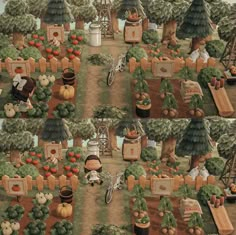 an animal crossing new horizon with many pumpkins and vegetables in the garden, as well as people on bikes