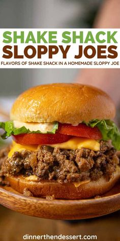 the book cover for shake shack sloppy joes shows a cheeseburger on a bun with lettuce and tomatoes