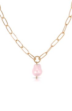 A baroque freshwater pearls gives a blush of color to this modern chain necklace. 15" length; 5" extender Pearl size: 14mm Lobster clasp closure 18k-gold plate/freshwater pearl Imported Coquette Diy, Pearl Pendant Necklace, Fabric Gift Bags, Keep Jewelry, Fabric Gifts, Pearl Size, Pearl Pendant, Print Gifts, Eden