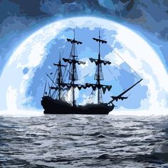 a ship sailing in the ocean under a full moon