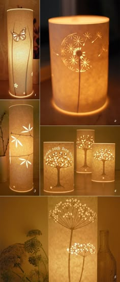 paper lamps with flowers and leaves on them are lit up in different stages of lighting