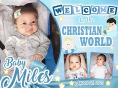 a baby in a car seat with the words welcome to the christian world