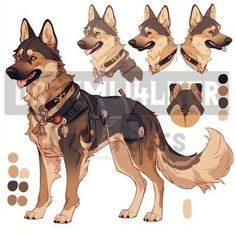 a drawing of a german shepard dog with different poses and headgear, including the collar