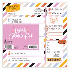 a pink and white striped ticket with the words, wedding schedule pad on it's side