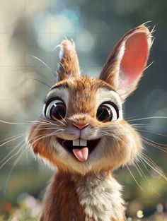 an animated rabbit with big eyes and large ears, making it look like he's smiling