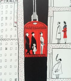 a drawing of people standing in front of a red phone booth on a city street