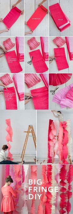 the process of making paper flowers with pink and red colors, is shown in several different ways