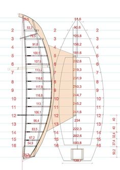 a drawing of a boat with measurements for the hulls and sides, as well as numbers