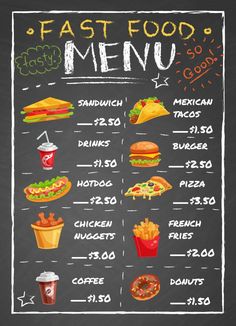 Menu Design, Fast Food Menu Theme, Burger Menu, Italian Menu Menu On Chalkboard, Concession Stand Menu, Design Cibo, Makanan Cepat Saji, Menu Burger, Food Truck Menu, Burger Menu, Food Truck Business