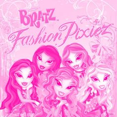 the poster for bratz fashion project, featuring four girls in pink dresses with long hair and