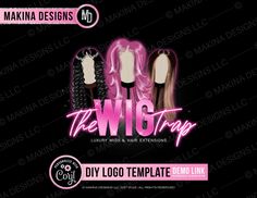 the wig shop logo template with pink and black hair in front of a dark background