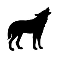 the silhouette of a wolf is shown in black on a white background, it appears to be looking up into the sky