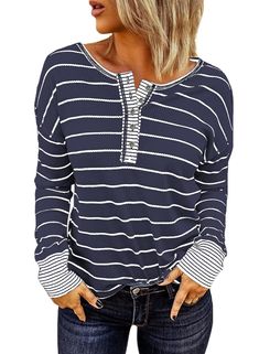 PRICES MAY VARY. Material：EVALESS womens long sleeve tops is made with high-quality fabric, breathable, lightweight, soft, friendly to skin and comfortable to wear. Features：Sexy button up tunic tops for women, 2024 new fashion style blouses , womens cute long sleeve tops, color block stripes shirts and tops for business casual, you will look have a flowy body and get compliments when you put on this cute tops. Design : Featuring paired with button up details, it's so beautifully stylish, soft f Cute Long Sleeve Tops, Long Sleeve Tops For Women, Tunic Shirts, Henley Tee, Comfortable Tops, Tunic Shirt, Striped Blouse, Tops For Women, Cute Tops