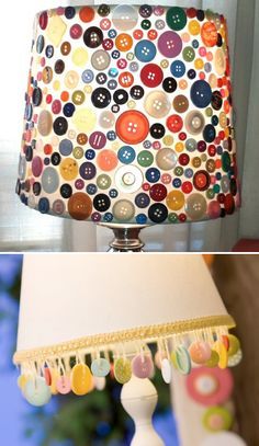 the lamp is decorated with buttons and tassels on it's lampshade