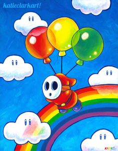 a painting of a cat flying over a rainbow with balloons