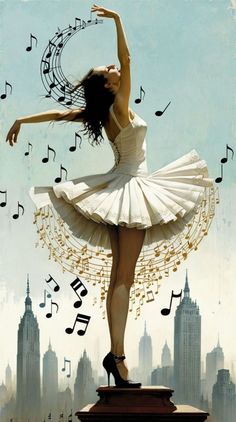 a woman in a white dress is dancing on top of a building with musical notes