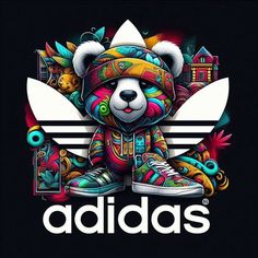 a teddy bear sitting on top of a black background with the adidas logo above it