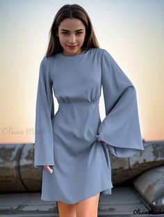 Olivia Mark - Blue Matte Satin Bell Sleeve Casual Dress: Fashionable Short Skirt Hooded Sweater Dress, Short Pollera, Short Frock, Stylish Short Dresses, Basic Skirt, Mini Dress Casual, Matte Satin, Blue Outfit, Bell Sleeve Dress