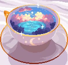 a tea cup with an image of the earth in it on top of a saucer