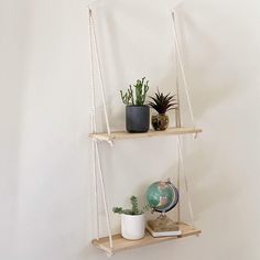 two wooden shelves with plants on them