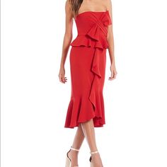 Brand New With Tags! Chic Red Strapless Dress, Calvin Klein Chic Formal Midi Dress, Red Dressy Midi Dress For Summer, Dressy Red Midi Dress For Summer, Red Midi Dress Dressy, Red Midi Dress For Spring Dinner, Red Dressy Midi Dress, Red Midi Length Dressy Dress, Dressy Red Midi Dress