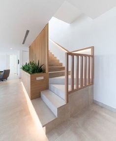 the stairs are made of wood and have planters on them