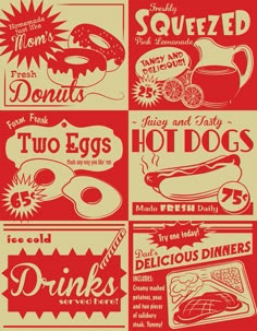 the menu for two eggs, hot dogs and other breakfast foods is shown in red