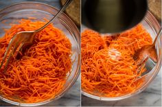 two pictures of carrots being cooked in a bowl with a ladle and spoon