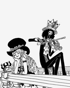 black and white drawing of two people sitting on a bench playing musical instruments, one woman wearing a pirate costume