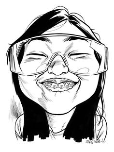 a black and white drawing of a woman with glasses on her head, smiling at the camera