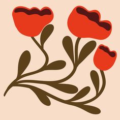 three red flowers with brown stems on a beige background in the shape of heart shapes