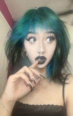 emo, goth, teal hair, black, white Teal Wolfcut, Black Hair With Teal Highlights, Goth Dyed Hair, Teal Hair Black Women, Black And Turquoise Hair, Blonde And Teal Hair, Blue Emo Hair, Teal And Black Hair, Black And Teal Hair