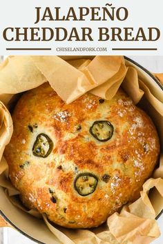 jalapeno cheddar bread in a pan with the title above it